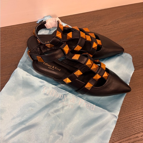 Tiffany & Fred Black Flats with Orange Studs